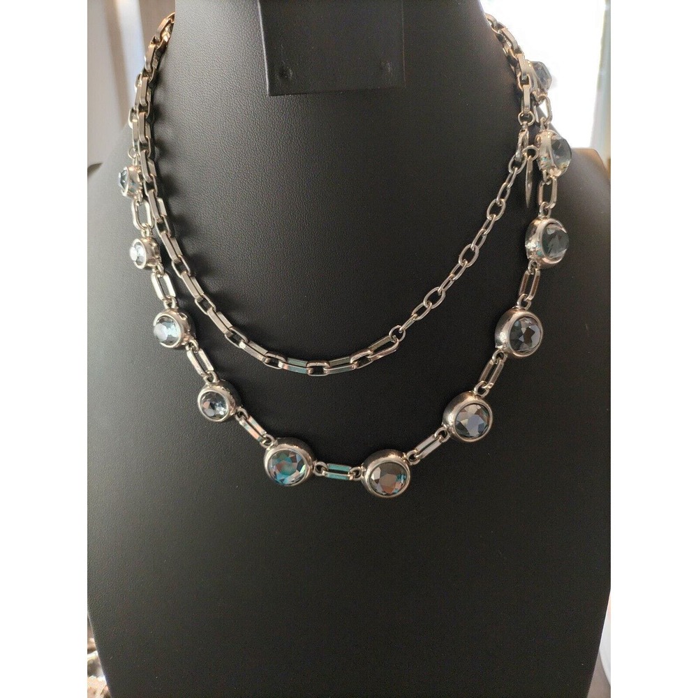 37" COLDWATER CREEK SILVERTONE CHAIN WITH ROUND BEZEL SET SMOKEY GLASS CABOCHONS